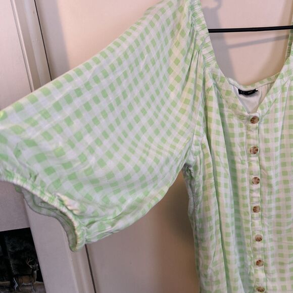Torrid top 1 Fit & Flare Slub Button Up 3/4 Sleeve Green Gingham Cottagecore - Picture 8 of 9